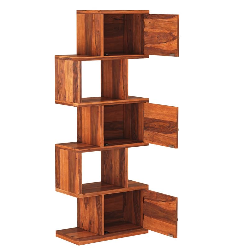 Sheesham Wood 5-Layer Ladder Bookshelf | Zig-Zag Design with 2 Open Shelves & 3 Rattan Wicker Door Storage Bookrack | Display Cabinet Floor Standing Bookcase for Library