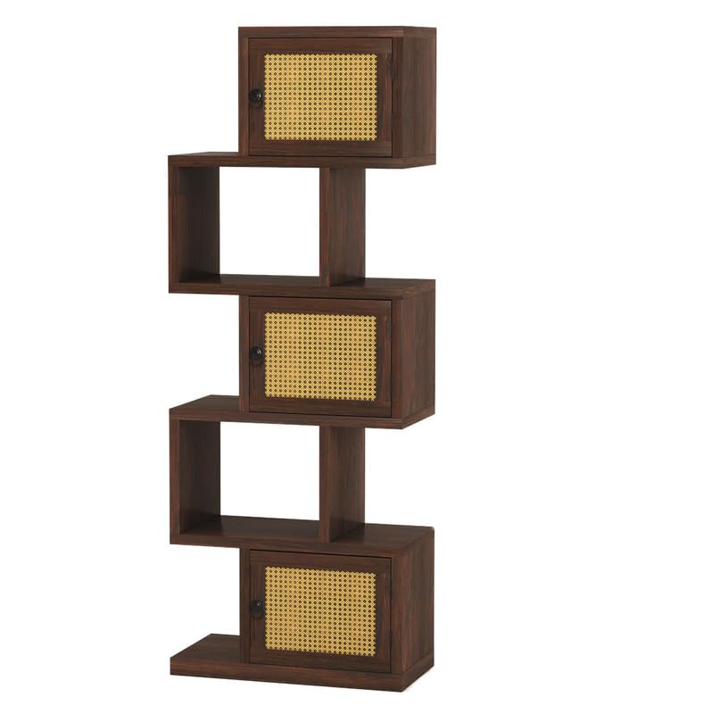 Wood 5-Layer Ladder Bookshelf | Zig-Zag Design with 2 Open Shelves & 3 Rattan Wicker Door Storage Bookrack | Walnut Finish