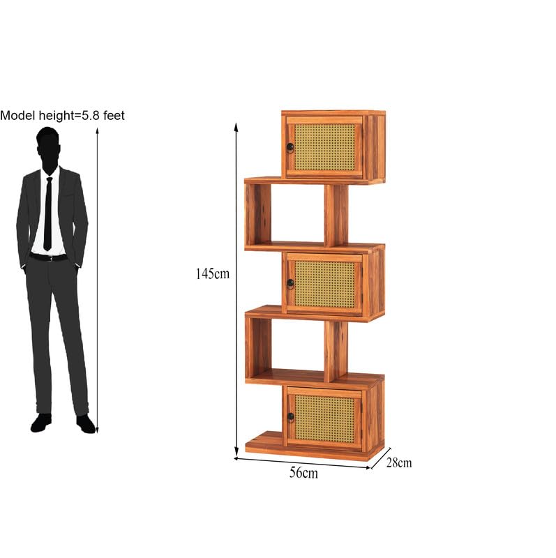 Sheesham Wood 5-Layer Ladder Bookshelf | Zig-Zag Design with 2 Open Shelves & 3 Rattan Wicker Door Storage Bookrack | Display Cabinet Floor Standing Bookcase for Library