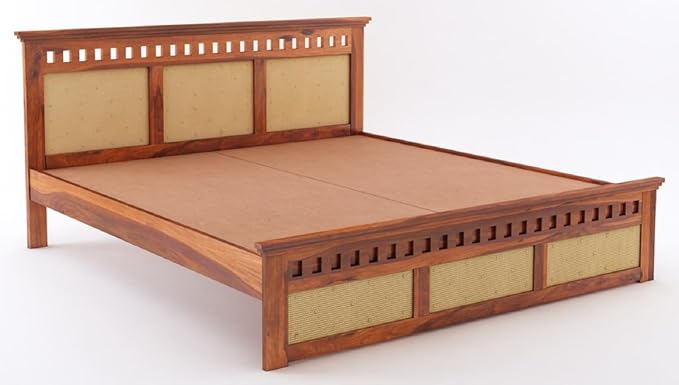 Goyal Handicraft Sheesham Wood Queen Size Cane Bed Without Storage Wooden Double Cot Palang for Bedroom Living Room (Honey Finish)