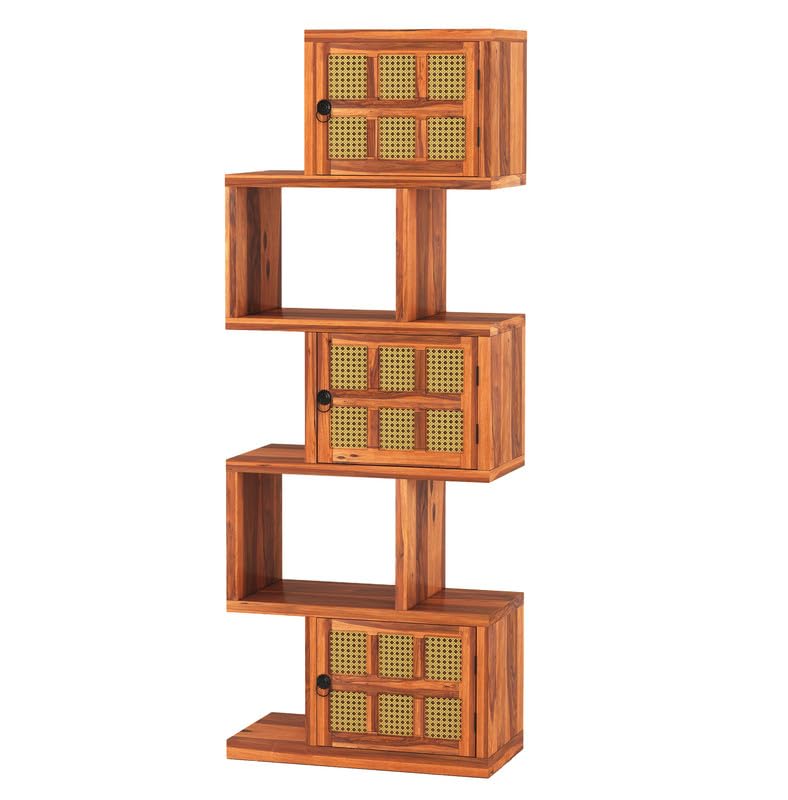 Sheesham Wood 5-Layer Ladder Bookshelf with Zig-Zag Design with 2 Open Shelves & 3 Rattan Wicker Door Storage | Display Cabinet Floor Standing Bookcase for Office, Library