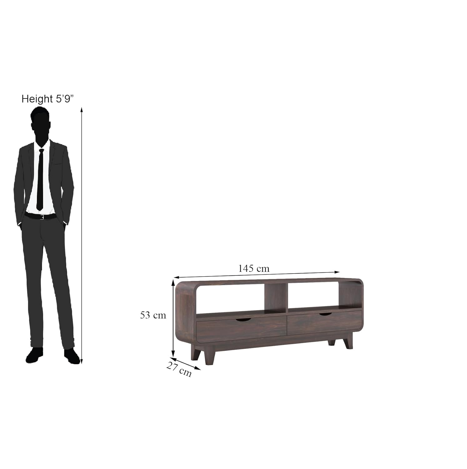 Sheesham Wood Curved Elongated Coffee Table with 2 Drawer and Shelf Storage for Bedroom Living Room Home Office Teapoy Tea Table Solid Wooden Center Table