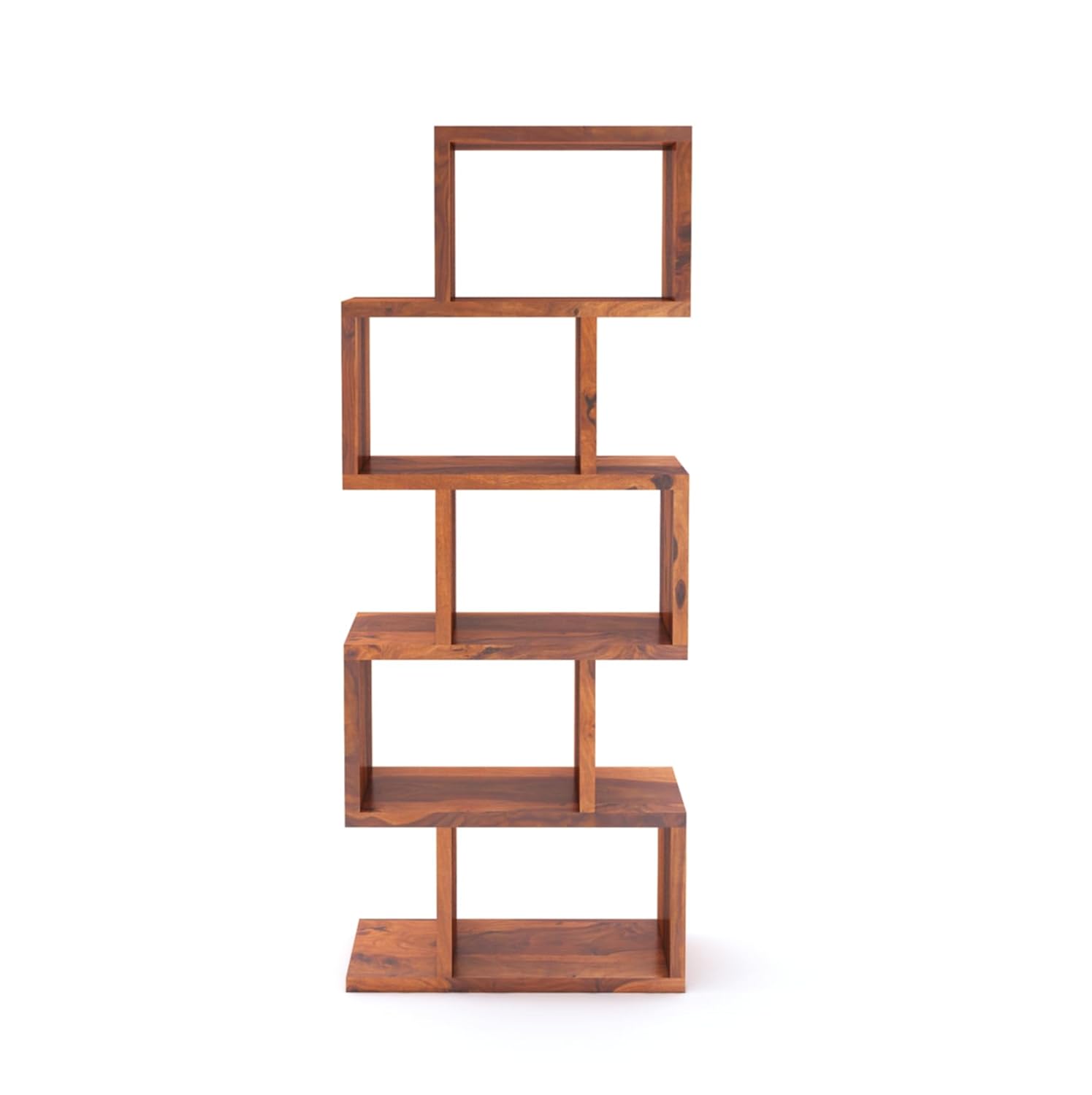 Sheesham Wood Zig Zag Shape 5 Tier Open Book Shelf for Living Rooms Office Home Bookcase Wooden Display Shelves Furniture