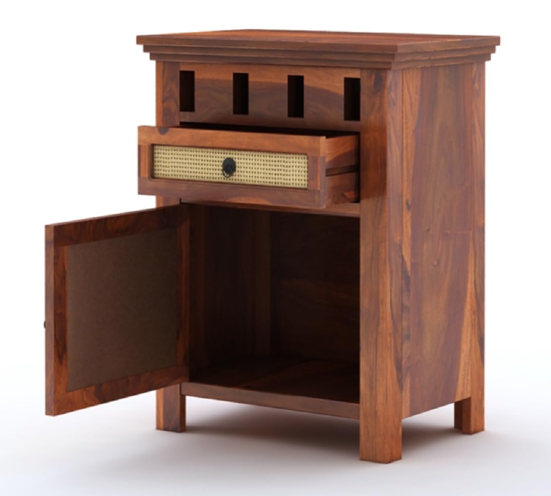 Sheesham Wood Bedside End Table with 2 Drawers and Open Shelf Storage for Bedroom Living Room Wooden Furniture Side Table for Hotel Room Office