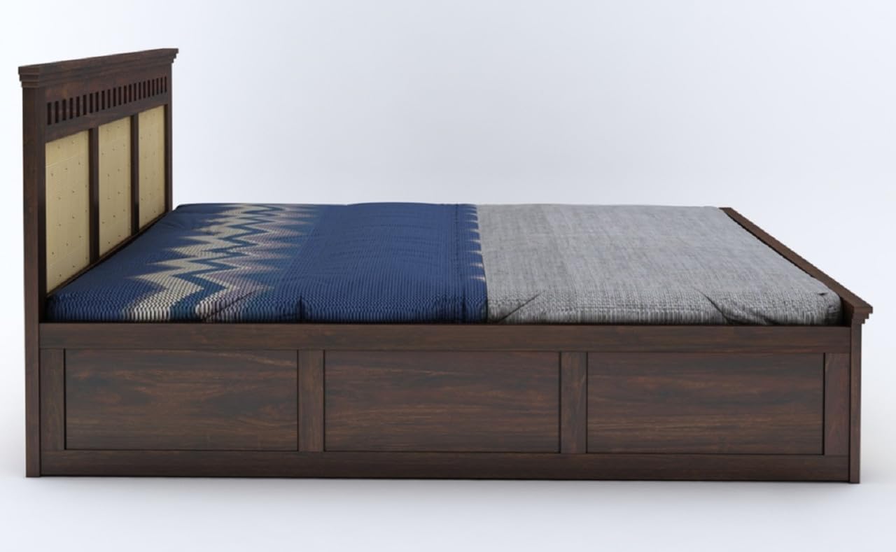 Queen Size Wooden Double Bed With Hydraulic Storage | Walnut Finish