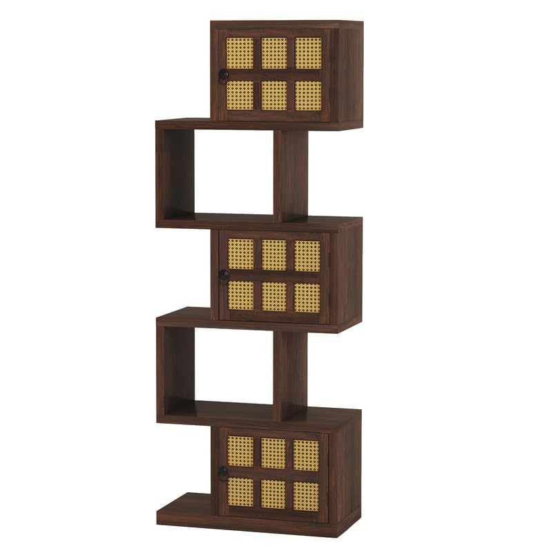 Solid Sheesham Wood 5-Layer Ladder Bookshelf With Zig-Zag Design with 2 Open Shelves & 3 Rattan Wicker Door Storage | Walnut Finish