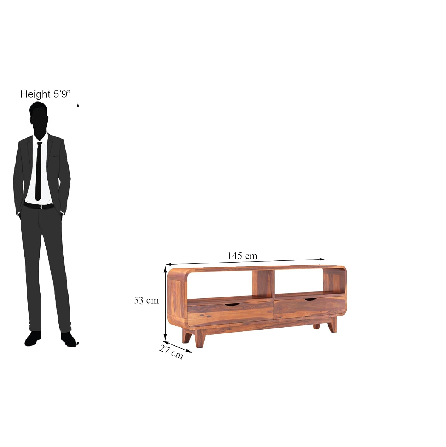 Sheesham Wood Curved Elongated Coffee Table with 2 Drawer and Shelf Storage for Bedroom Living Room Home Office Teapoy Tea Table Solid Wooden Center Table
