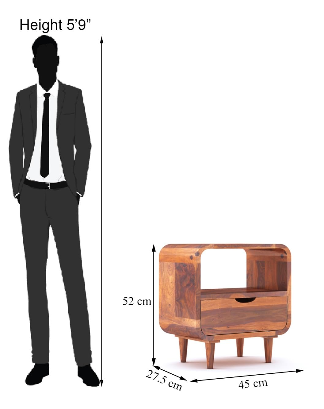Sheesham Wood Bedside End Table with 2 Drawers and Open Shelf Storage for Bedroom Living Room Wooden Furniture Side Table for Hotel Room Office