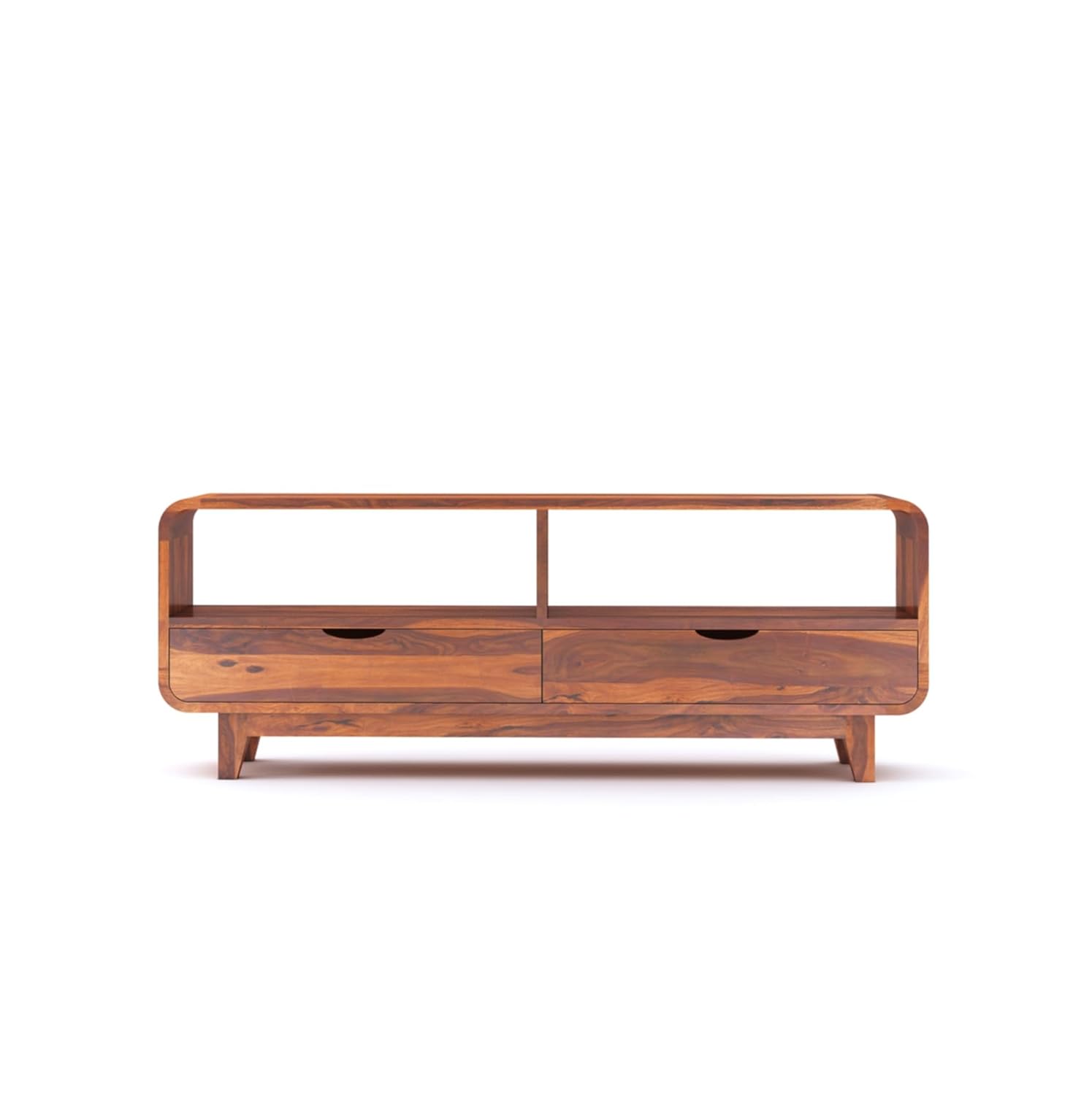 Sheesham Wood Curved Elongated Coffee Table with 2 Drawer and Shelf Storage for Bedroom Living Room Home Office Teapoy Tea Table Solid Wooden Center Table