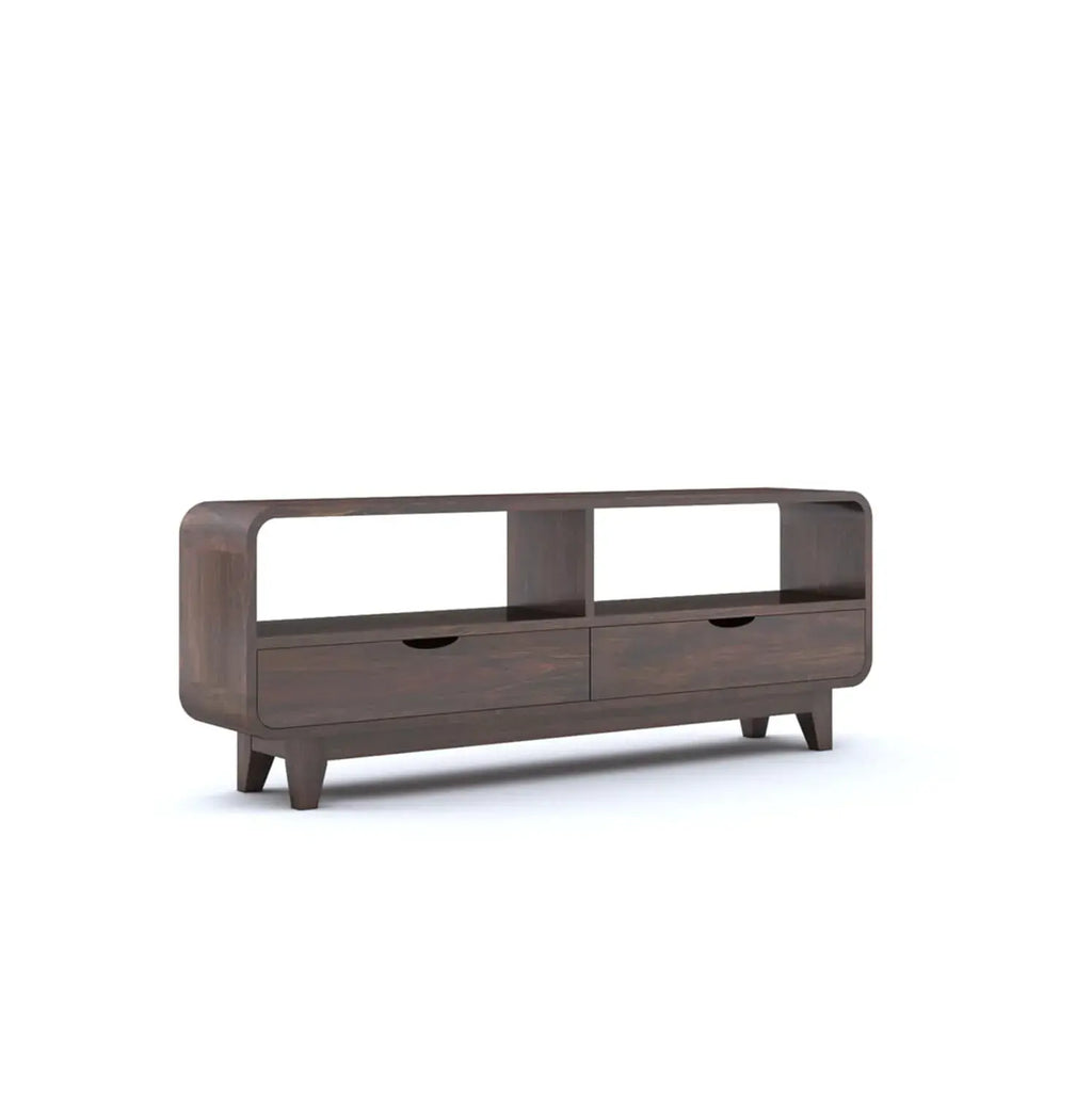 Curved Elongated Coffee Table With 2 Drawer - Walnut Finish