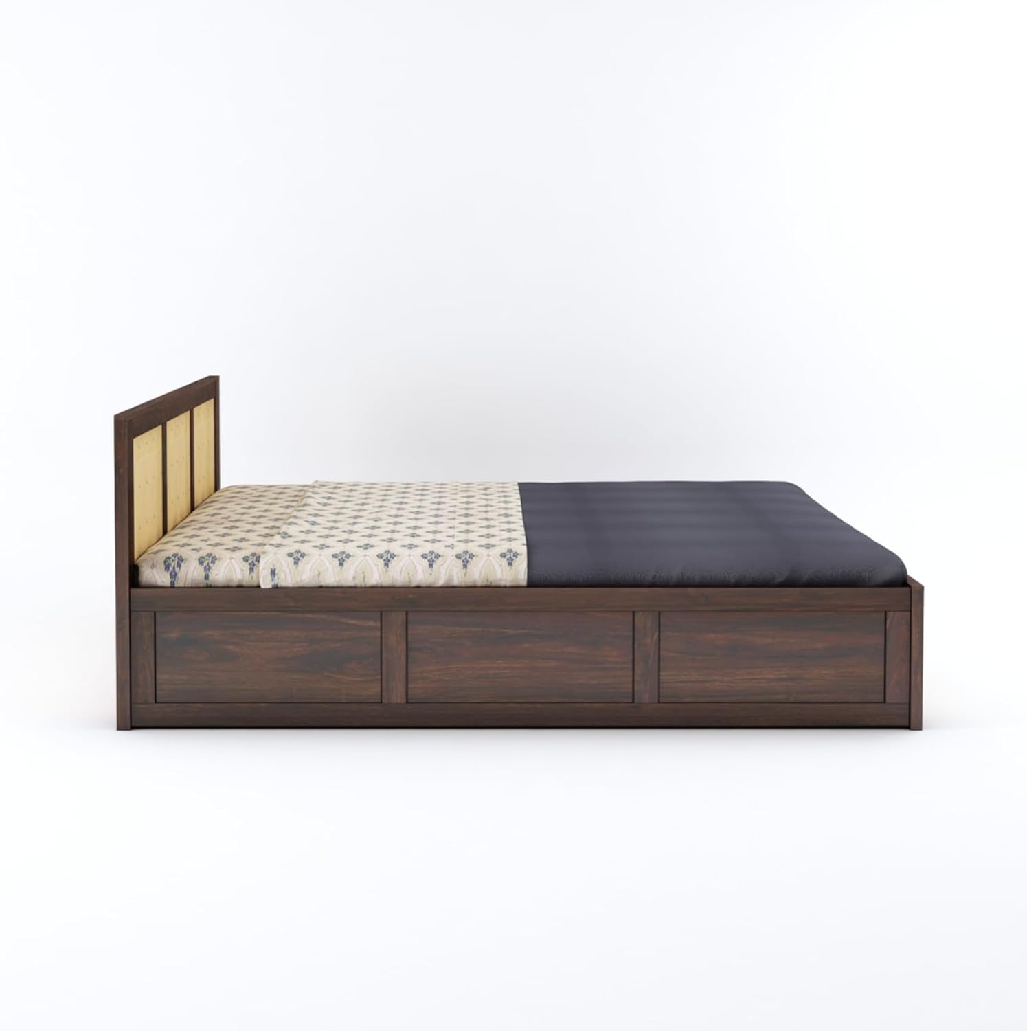 Wood King Size Cane Bed With Box Storage - Walnut Finish