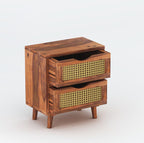 Sheesham Wood Cane Bedside End Table | Wooden Decorative Side Tables With 2 Drawers Storage | Honey Finish