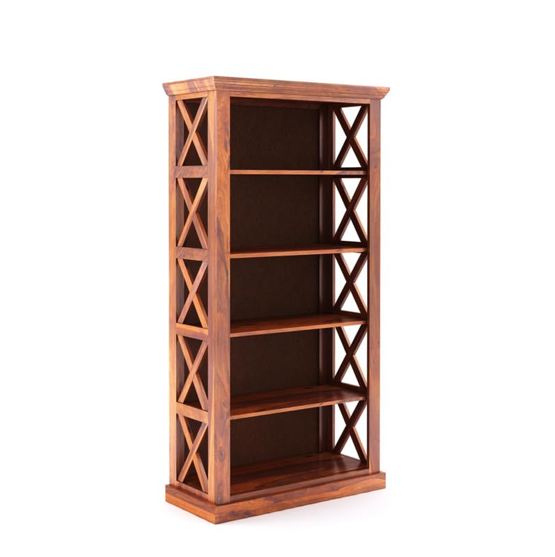 Solid Sheesham Wood Bookshelf With Open Shelf Storage - Honey Finish