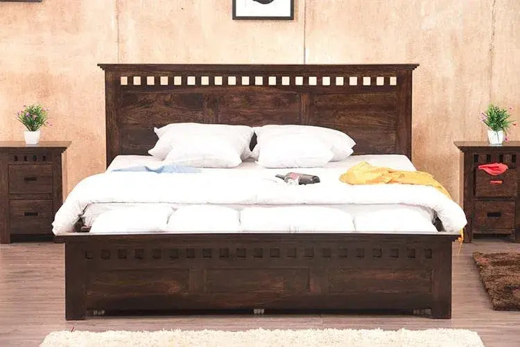Kuber Queen Size Bed With Open Dual Storage - Walnut Finish - Front & Back Opening