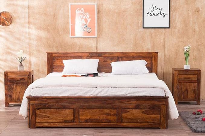 Goyal Handicraft Sheesham Wood King Size Bed with Open Dual Storage for Bedroom Home Wooden Double Bed Cot Palang for Living Room and Hotels (Honey Finish) | 1 Year Warranty