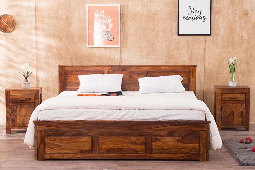 Goyal Handicraft Sheesham Wood Queen Size Bed with Open Dual Storage for Bedroom Home Wooden Double Bed Cot Palang for Living Room and Hotels (Honey Finish) | 1 Year Warranty