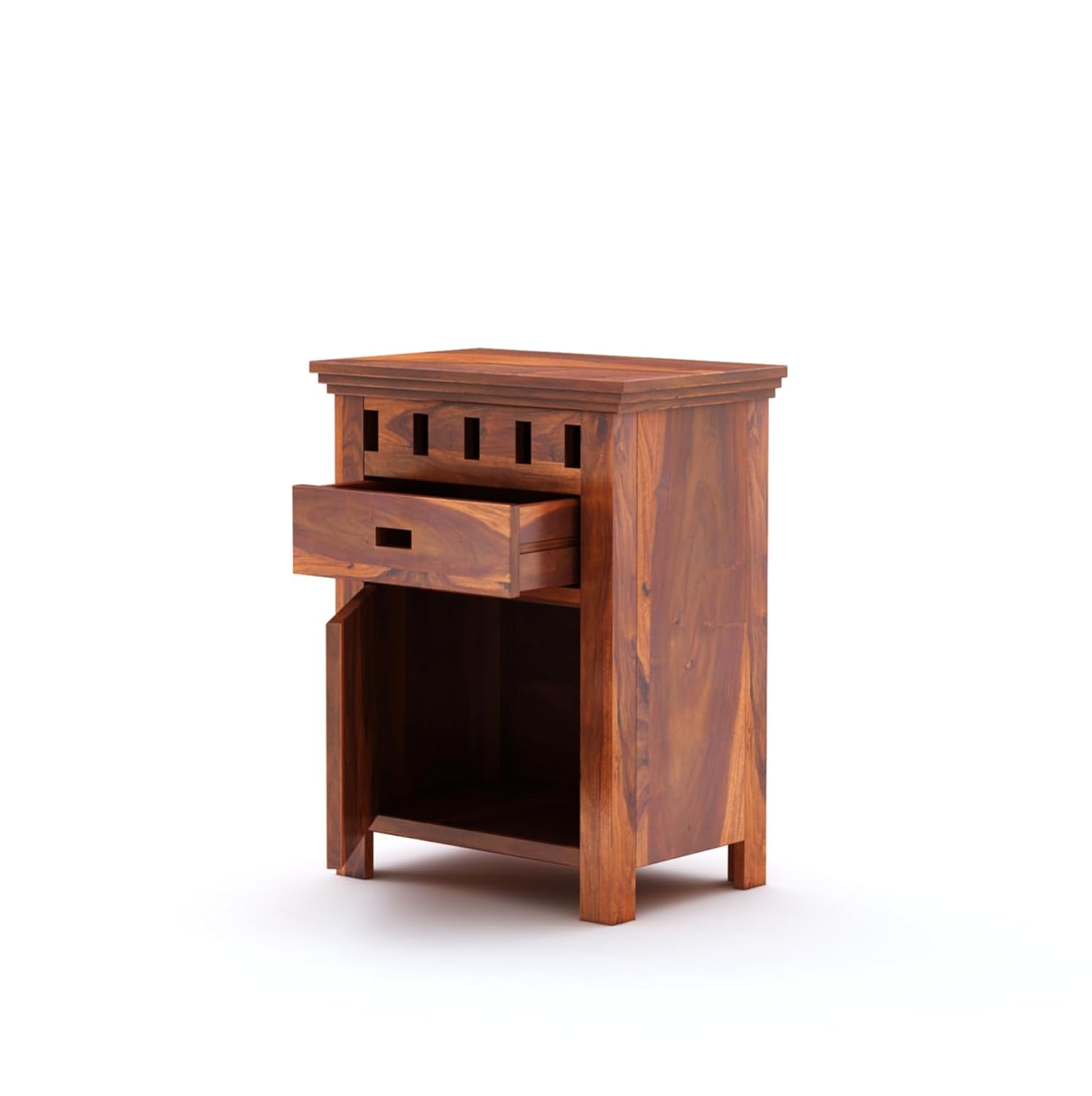 Sheesham Wood Bedside End Table with 2 Drawers and Open Shelf Storage for Bedroom Living Room Wooden Furniture Side Table for Hotel Room Office