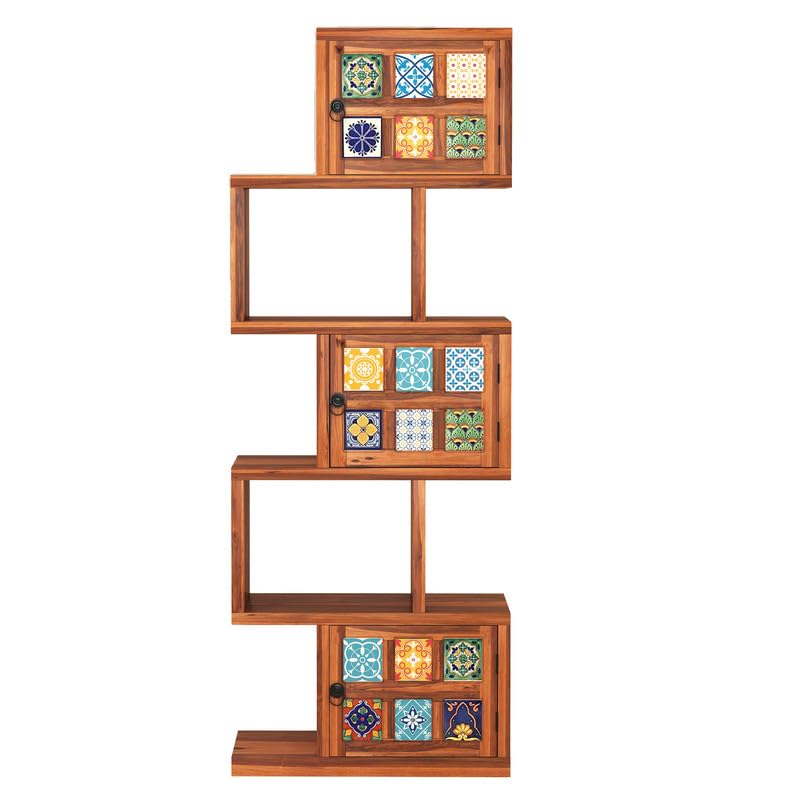 Sheesham Wood 5-Layer Ladder Bookshelf | Zig-Zag Design with 2 Open Shelves & 3 Multicolor Door Storage Bookrack | Display Cabinet Floor Standing Bookcase for Home Library