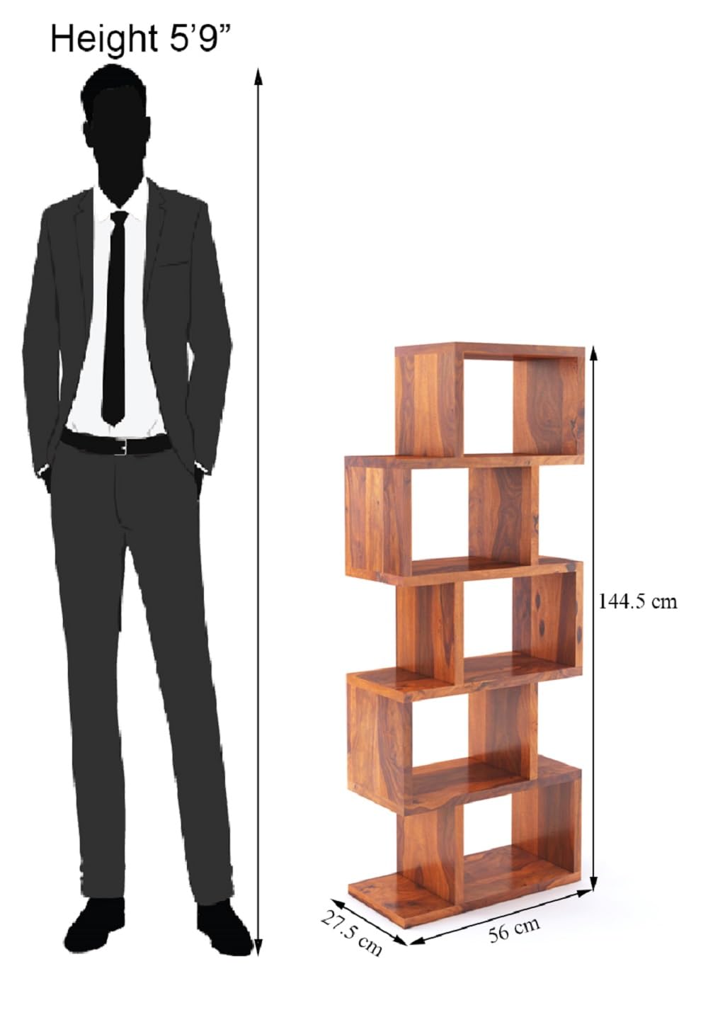 Sheesham Wood Zig Zag Shape 5 Tier Open Book Shelf for Living Rooms Office Home Bookcase Wooden Display Shelves Furniture