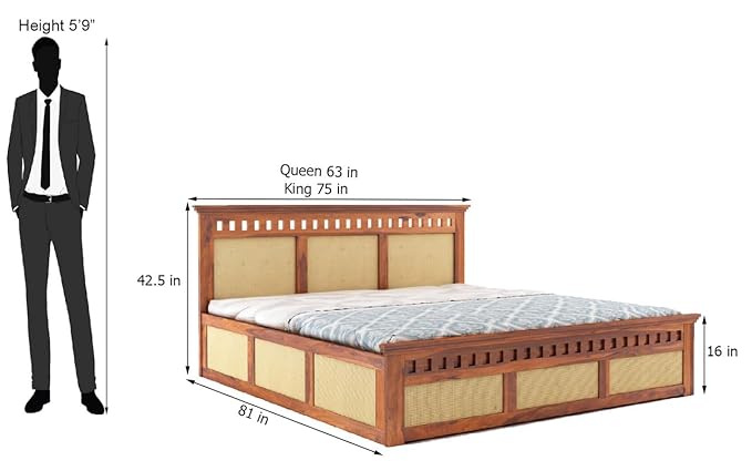 Goyal Handicraft Sheesham Wood Queen Size Cane Bed with Box Storage Wooden Double Bed Cot Palang for Bedroom Living Room Home Hotel Furniture (Honey Finish)