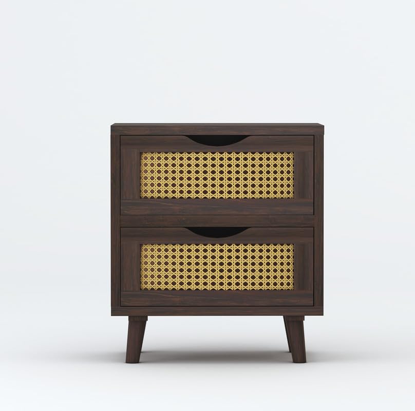 Sheesham Wood Cane Bedside End Table | Wooden Decorative Side Tables With 2 Drawers Storage | Walnut Finish