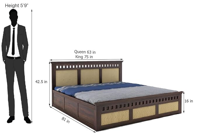 Goyal Handicraft Sheesham Wood King Size Kuber Bed with Box Storage Wooden Double Bed Cot Palang Furniture for Bedroom Living Room Home Hotel (Walnut Finish)