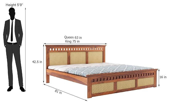 Goyal Handicraft Sheesham Wood Queen Size Cane Bed Without Storage Wooden Double Cot Palang for Bedroom Living Room (Honey Finish)