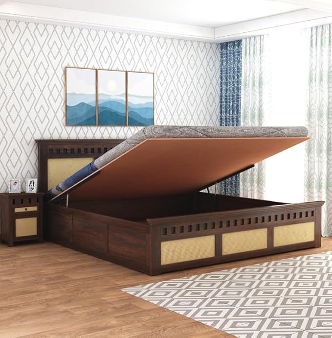 Goyal Handicraft Sheesham Wood King Size Kuber Bed with Hydraulic Storage for Bedroom Living Room Home Hotel Furniture Wooden Double Bed Cot Palang for Guest Room (Walnut Finish)