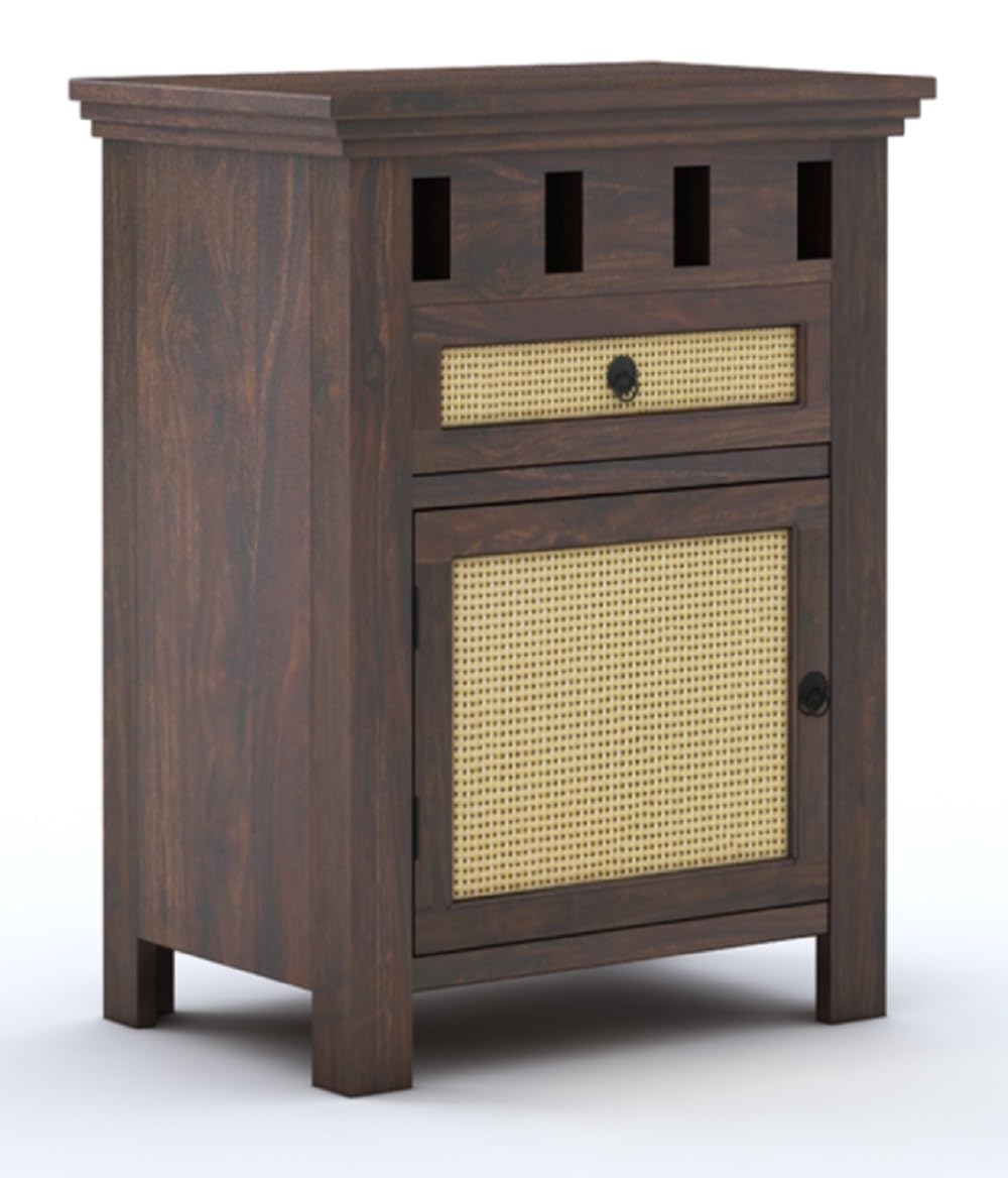 Sheesham Wood Bedside End Table with 2 Drawers and Open Shelf Storage for Bedroom Living Room Wooden Furniture Side Table for Hotel Room Office