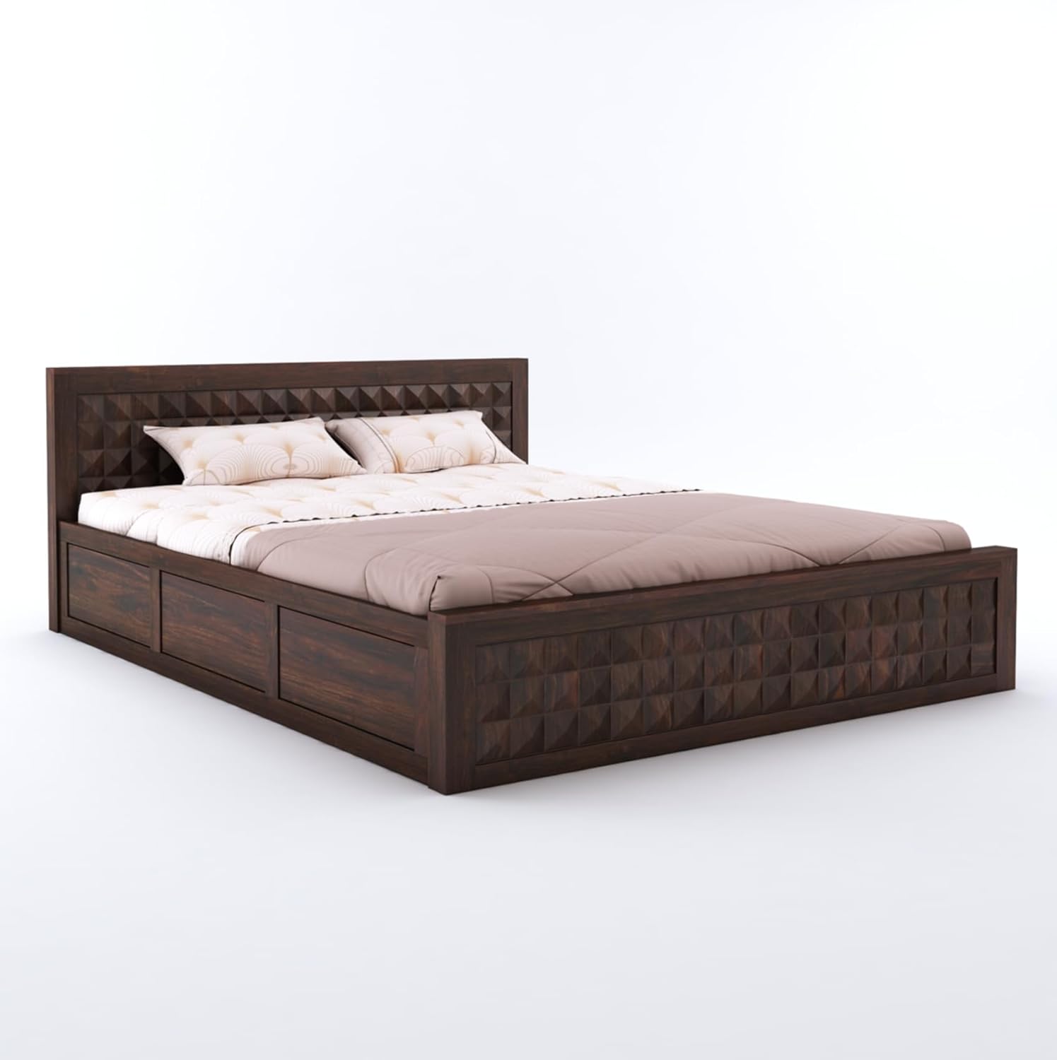 Sheesham Wood Queen Size Bed with Box Storage and Headboard | Durable Wooden Double Bed Cot Palang Furniture for Bedroom, Living Room, Guest Room, Hotel and Home