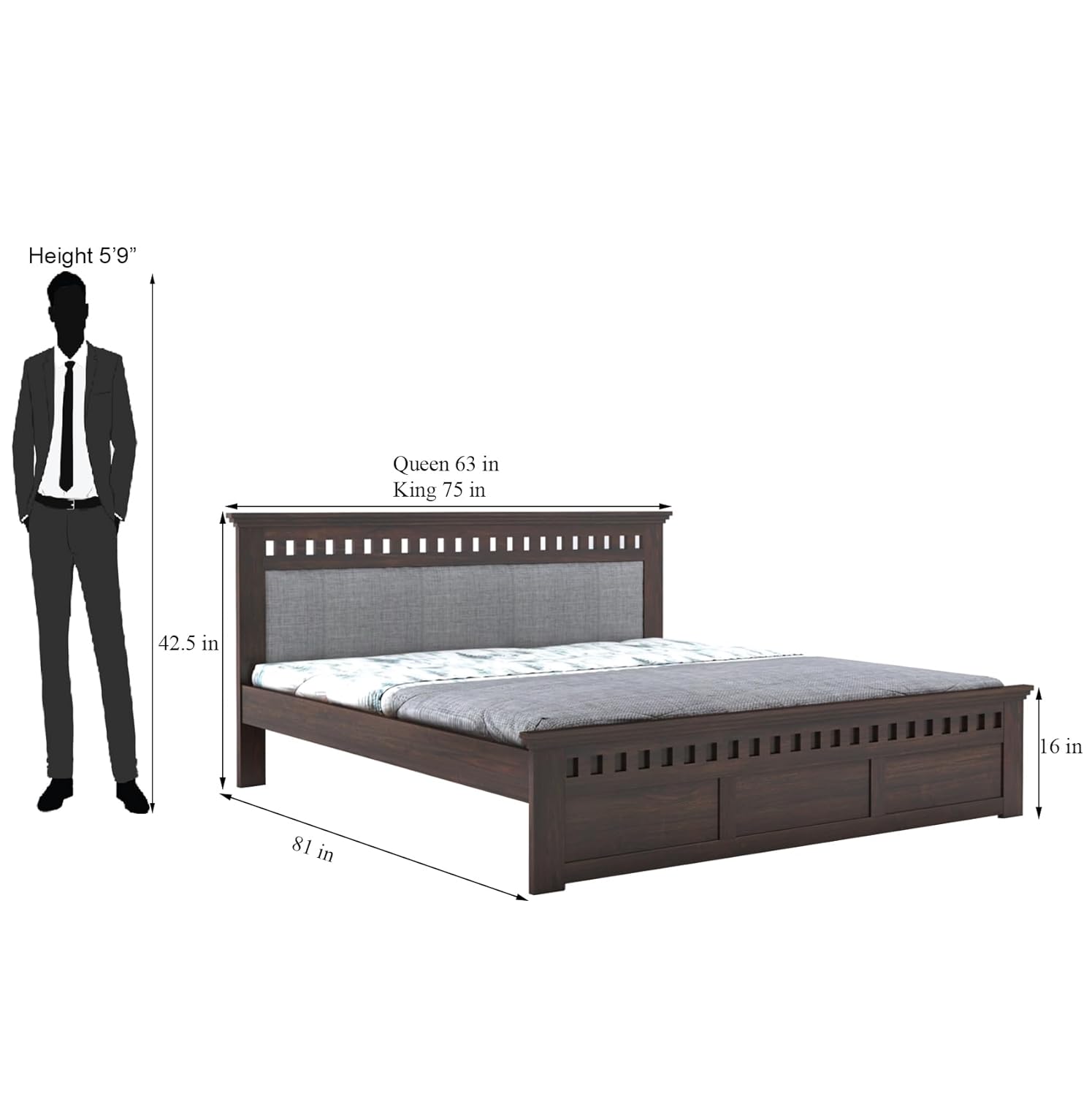 Sheesham Wood Kuber King Size Bed Without Storage Wooden Headboard Cushion Cot Double Bed Furniture for Bedroom Living Room Home