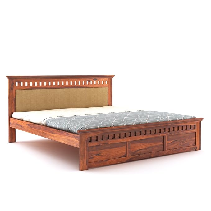 Goyal Handicraft Sheesham Wood Kuber Queen Size Bed Without Storage Wooden Headboard Cushion Cot Double Bed Furniture for Bedroom Living Room Home (Honey Finish, Gaddi Cream)