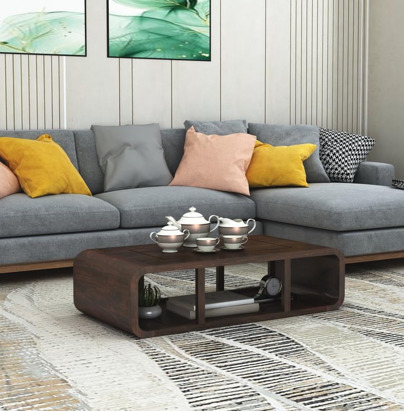 Wood Curved Center Coffee Table with Bottom Shelf Stoarge | Multipurpose Wooden Teapoy Furniture for Home, Lounge, Living Room, Drawing Room and Office