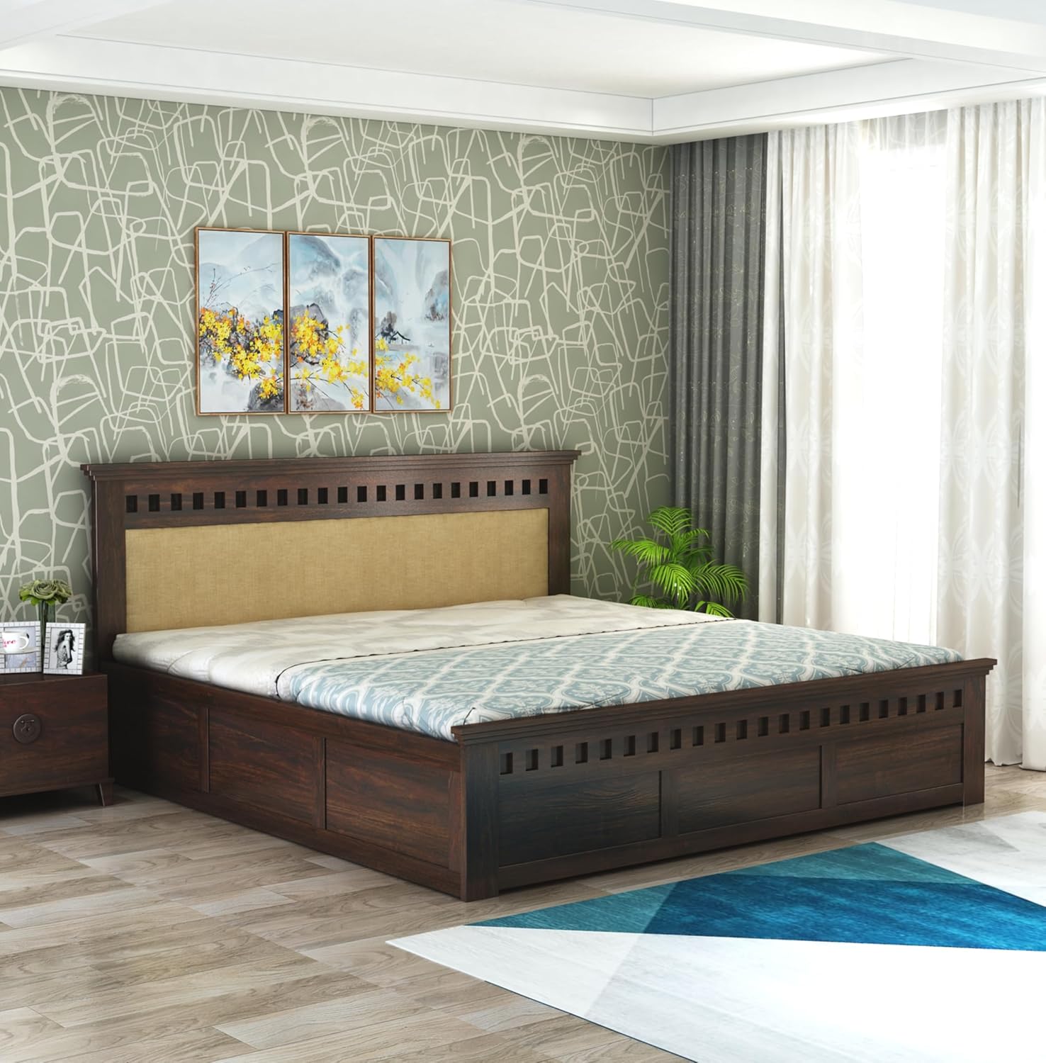 Sheesham Wood Queen Size Bed with Box Storage | 1 Year Warranty | Wooden Double Bed Cot Palang Furniture for Bedroom Living Room Home Hotel