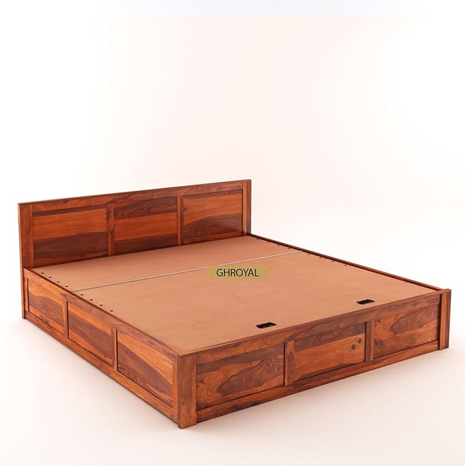 Goyal Handicraft Sheesham Wood Queen Size Bed with Hydraulic Storage for Bedroom Living Room Home Hotel Furniture Wooden Double Bed Cot Palang for Guest Room (Honey Finish)| 1 Year Warranty