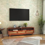 Sheesham Wood TV Cabinet Stand With 3 Cane Drawers And 2 Shelves - Honey Finish