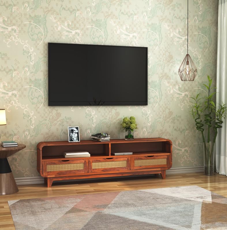 Sheesham Wood TV Cabinet Stand With 3 Cane Drawers And 2 Shelves - Honey Finish