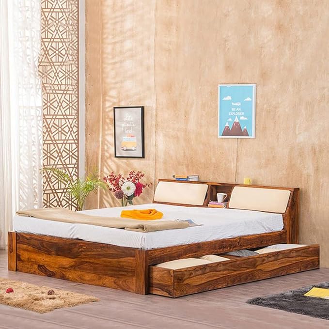 Goyal Handicraft Sheesham Wood Queen Size Bed with Dual Drawer Storage for Bedroom Living Room Home Hotel Double Bed Cot Planag with Headboard (Honey Finish) 1 Year Warranty