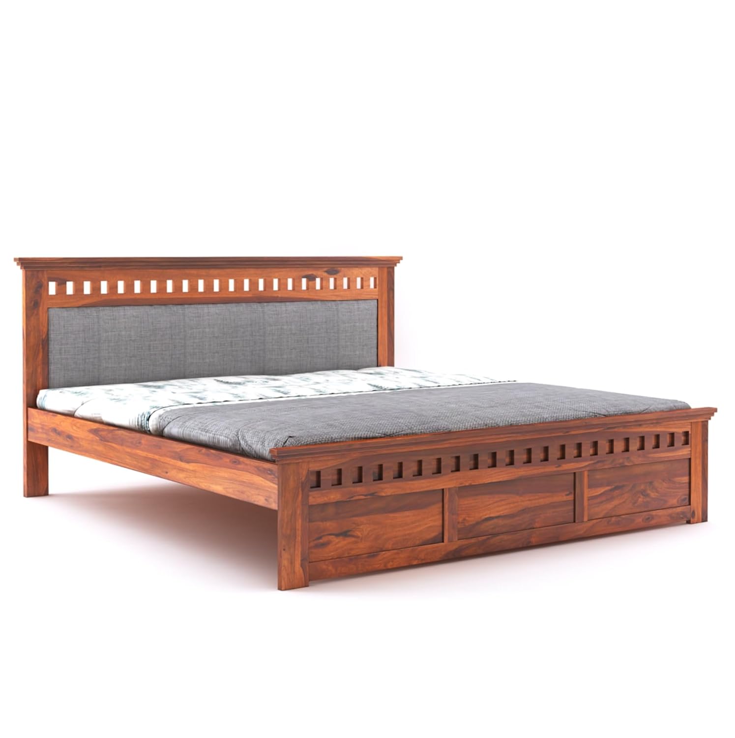 Sheesham Wood Kuber King Size Bed Without Storage Wooden Headboard Cushion Cot Double Bed Furniture for Bedroom Living Room Home