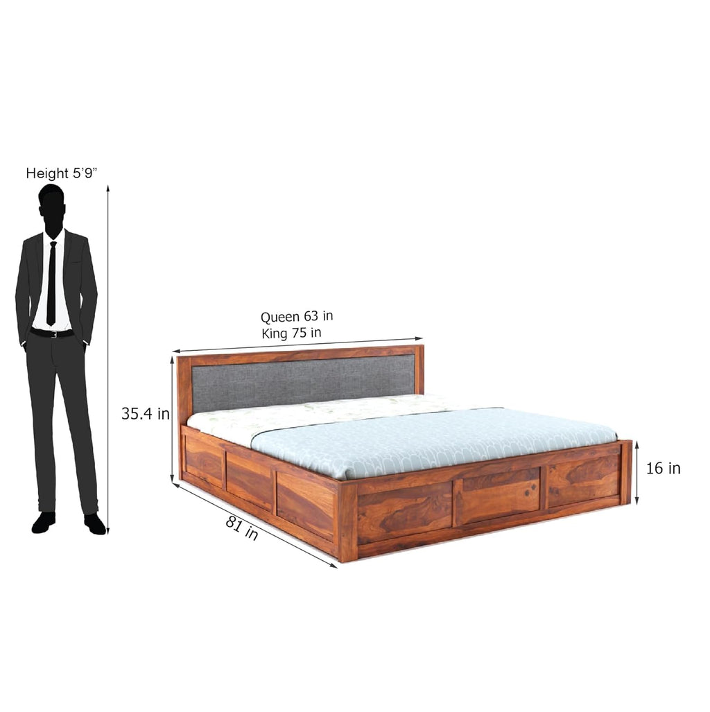Sheesham Wood King Size Bed with Box Storage for Bedroom Living Room Home Hotel Wooden Double Bed Cot Palang with Cushion Headboard Furniture