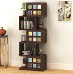 Sheesham Wood 5-Layer Ladder Bookshelf | Zig-Zag Design with 2 Open Shelves & 3 Multicolor Door Storage Bookrack | Display Cabinet Floor Standing Bookcase for Home Library