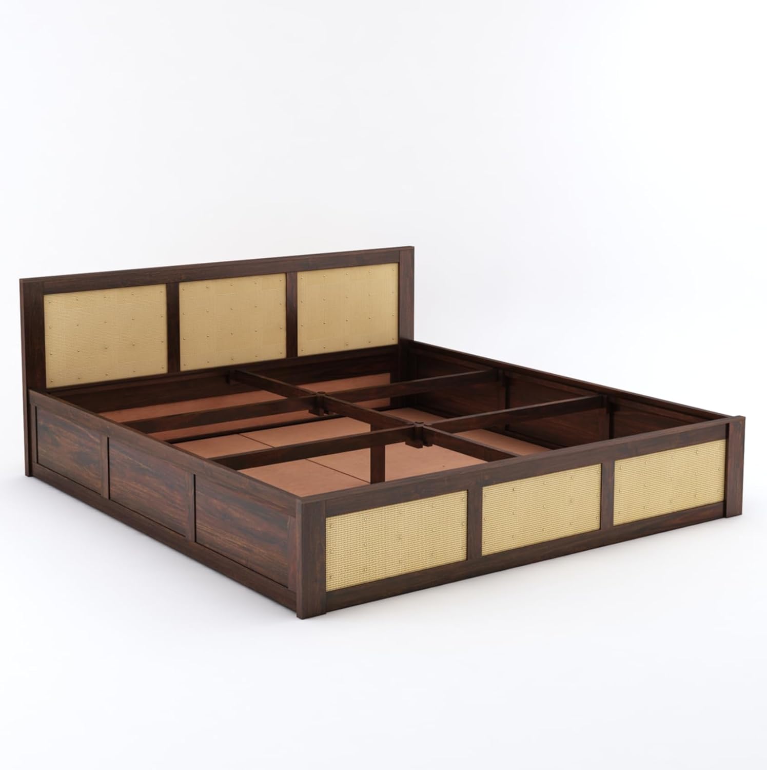 Wood King Size Cane Bed With Box Storage - Walnut Finish