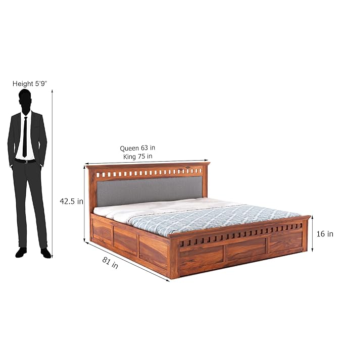 Sheesham Wood Queen Size Bed with Box Storage | 1 Year Warranty | Wooden Double Bed Cot Palang Furniture for Bedroom Living Room Home Hotel