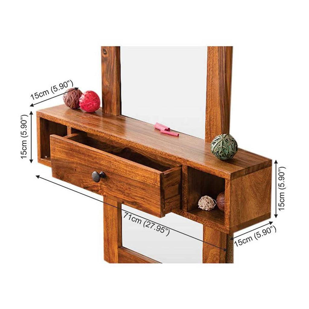 Solid Wood Wall Mounted Dressing Table with Mirror Wooden Makeup Vanity Table with 1 Drawer and 2 Shelf Storage for Bedroom Home