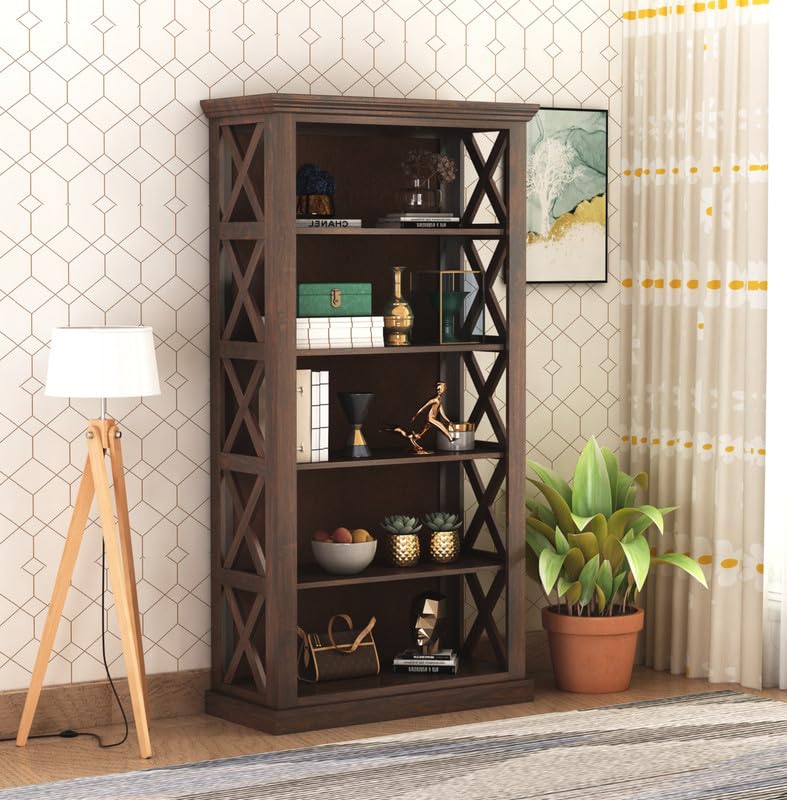 Solid Sheesham Wood Bookshelf With Open Shelf Storage - Walnut Finish