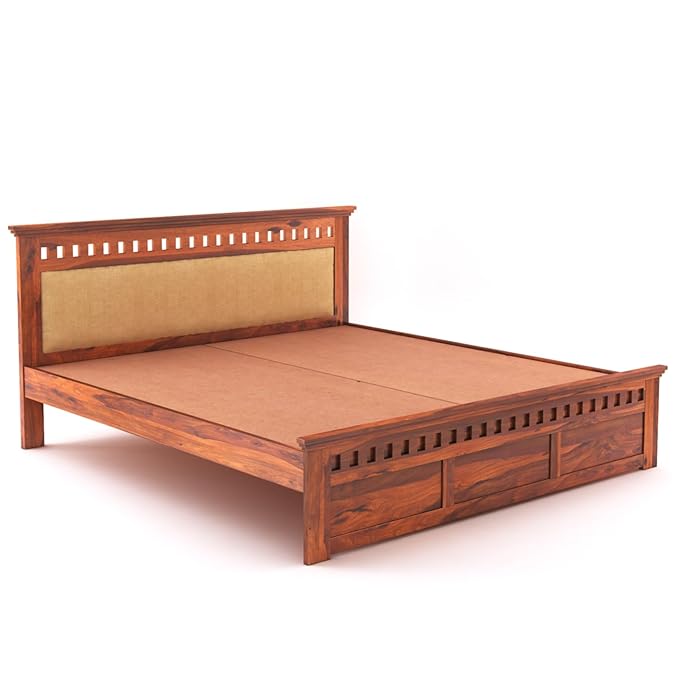 Goyal Handicraft Sheesham Wood Kuber Queen Size Bed Without Storage Wooden Headboard Cushion Cot Double Bed Furniture for Bedroom Living Room Home (Honey Finish, Gaddi Cream)