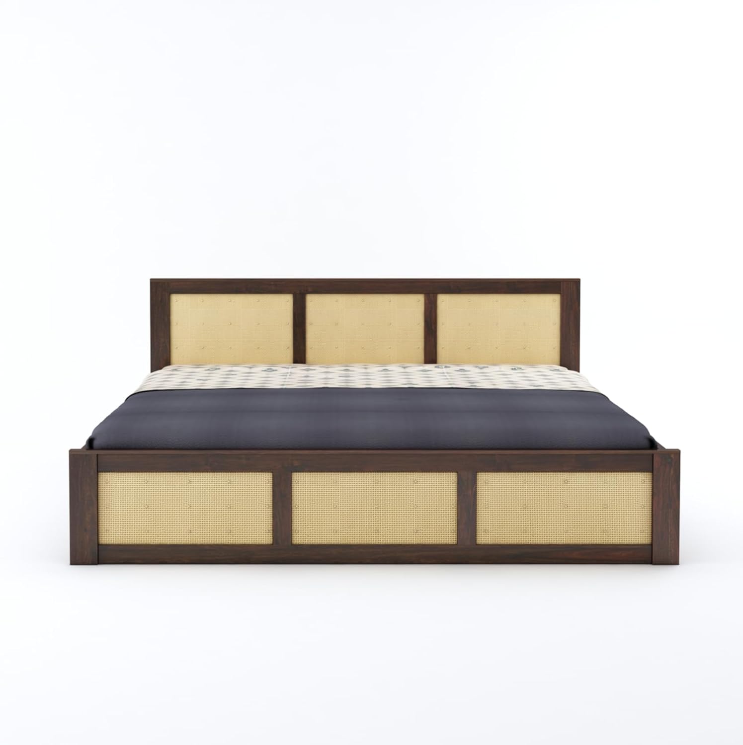 Wood King Size Cane Bed Without Storage - Walnut Finish