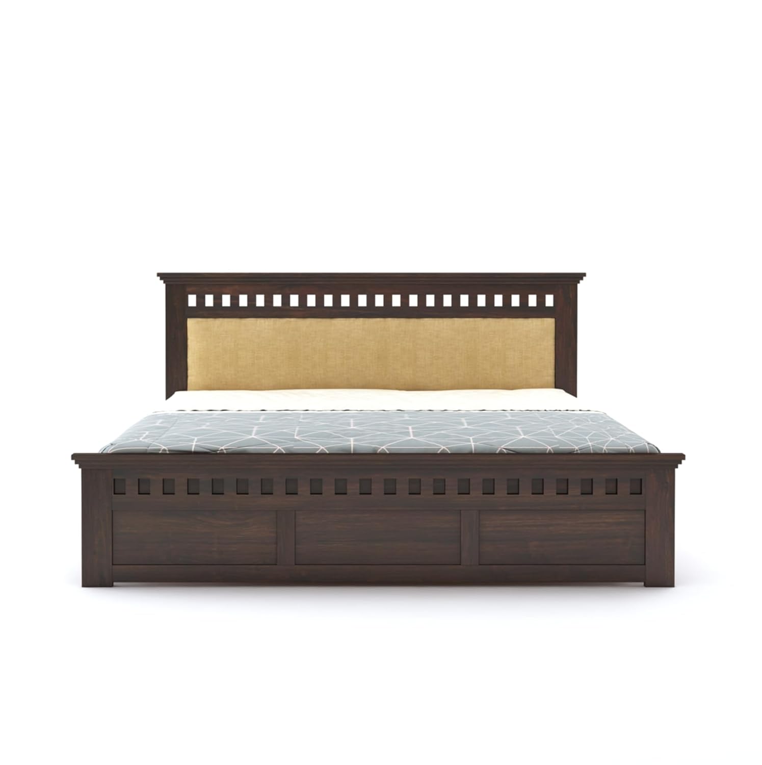 Sheesham Wood Kuber King Size Bed Without Storage Wooden Headboard Cushion Cot Double Bed Furniture for Bedroom Living Room Home
