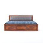 Sheesham Wood Queen Size Bed Without Storage Wooden Headboard Cushion Cot Double Bed Furniture for Bedroom Living Room Home