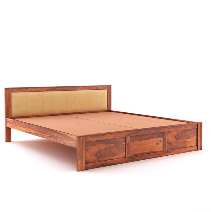 Sheesham Wood Queen Size Bed Without Storage Wooden Headboard Cushion Cot Double Bed Furniture for Bedroom Living Room Home